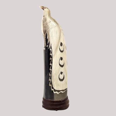 Lot #17 - Carved Horn Sculpture of a Peacock with Glass Eye & Flowing Feathers on a Carved Wood Base Ornamental Folk Art 13"Tall