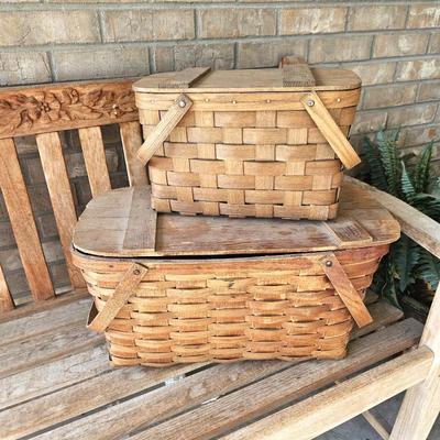  Set of Two Vintage Woven Wood Picnic Baskets by Basketville VT. and Wov-n-Wood by Jerywil