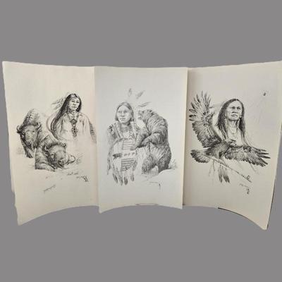 Lot #13 - Set of Three Native American Lithographs, One Signed by Artist Mary Selfridge - Ready to be Framed
