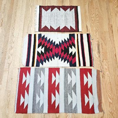  Set of Three Hand Woven Southwestern Smaller Decorative Rugs/Table Runners in Varying Sizes and Patterns