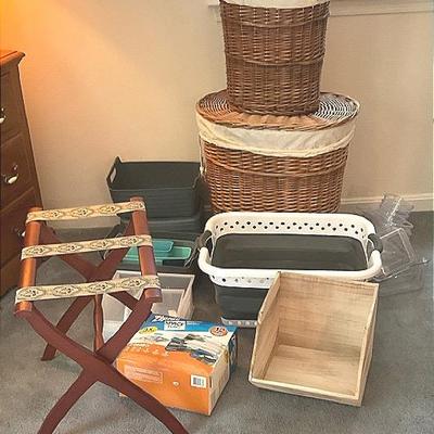 Assorted Storage Containers And Luggage Rack
