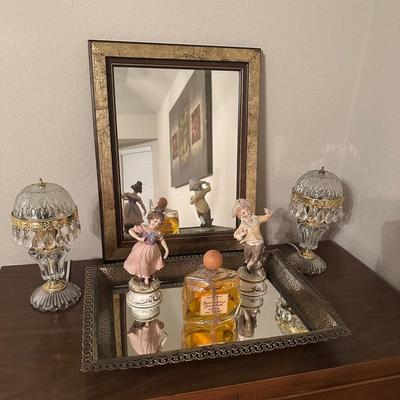 Classic Mirror Tray Arrangement with Crystal Lamps and Collectibles