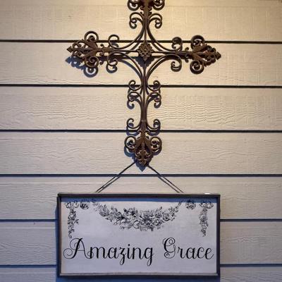 Metal Wall Cross with “Amazing Grace” Hanging Sign