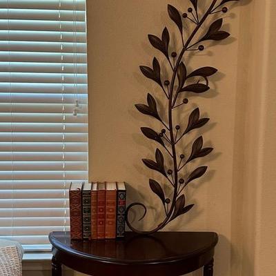 Demilune Table with Leaf Wall Decor and Decorative Book Set 
