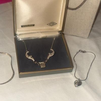Sterling Jewelry Lot – Vintage Rhinestone Necklace & Silver Bracelets