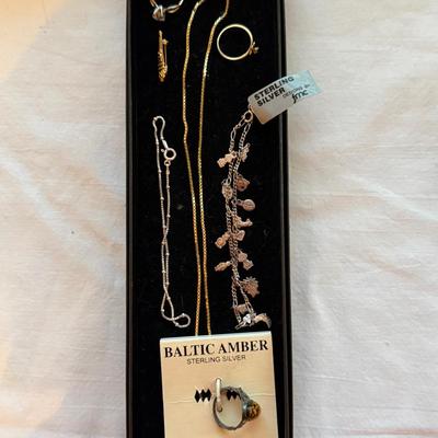 Mixed Jewelry Lot – Sterling Silver, Baltic Amber, Gold-Tone Chain & Rings 