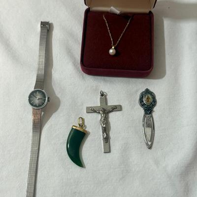 Mixed Jewelry & Religious Lot – Watch, Pendants, Necklace, Bookmark
