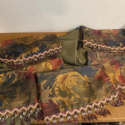 Faux Crystal Beaded Tapestry Valances & Olive Silk Curtains