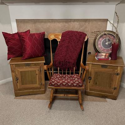 Rustic Hearthside Retreat – Rocking Chair, Oak Cabinets & Burgundy Accents