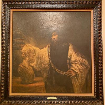 Sale Photo Thumbnail #1: Large Vintage Reproduction Oil Painting: "Aristotle Contemplates Homer's Bust"