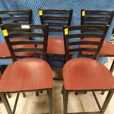 cherry color wood seat with dark color frame and ladder back chair. sold as a lot of 7