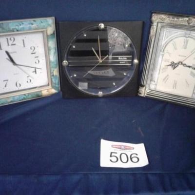 set of 3 clocks, knight table or desk, colorful frames, sold as a lot no batteries 