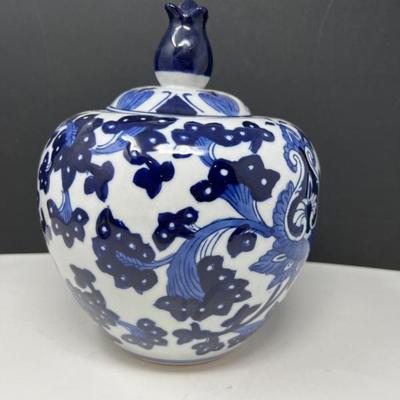 Benjara Blue & White Porcelain Ginger Jar w/ Lid – Floral Design