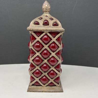 Baroque Red Bubble Glass Silver Plate Lidded Square Jar