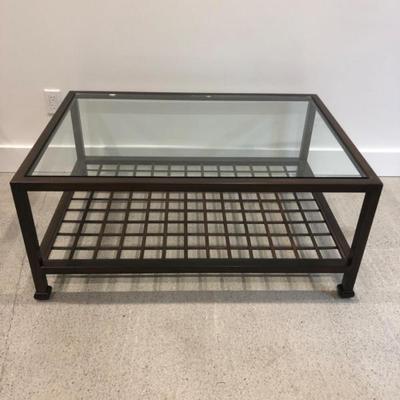 Modern Industrial-Style Glass & Brass Coffee Table w/ Grid Shelf