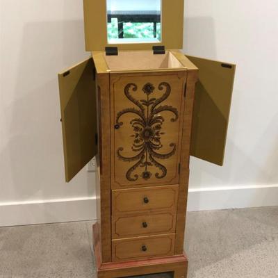 Hand-Painted Jewelry Armoire – Mirror Top, Side Doors, & Drawers