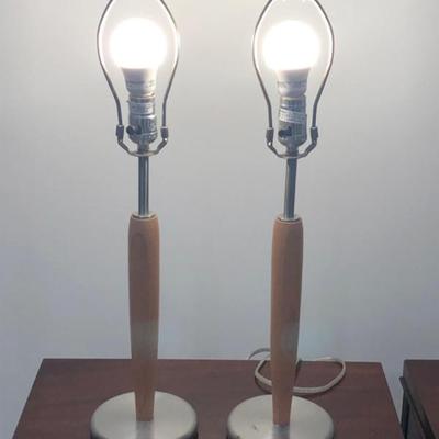 Pair of 24" Mid-Century Style Table Lamps – Wood & Brushed Metal Base