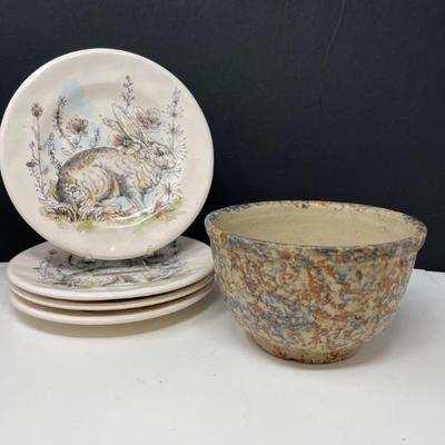 Pier 1 Ceramic Bunny Motif Plates and Robins Egg Mixing Bowl