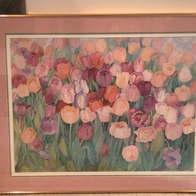 Vintage Framed Lithograph "Tulip Garden" by Mary Ann Perkins