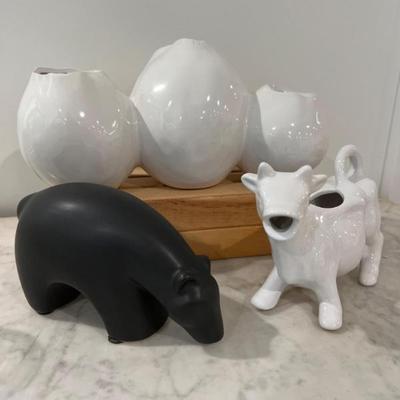 Lot of 3 Modern Ceramic Decor Pieces – Bear, Cow Creamer & Triple Vase