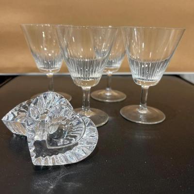 Four Rosenthal Crystal Glasses & Heart Shaped Crystal Candle Holders