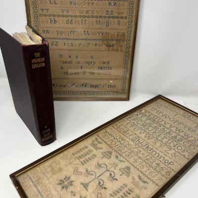 Two Framed Antique 1800s School Samplers & 1927 Educator’s Book