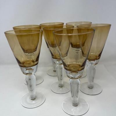 Vintage Hand Blown Amber & Clear Bubble Stem Drinking Glasses – 7pcs