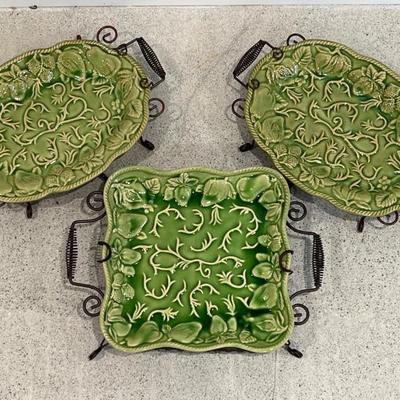 Vintage Elements Green Embossed Ceramic Platters w/ Wire Racks