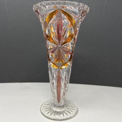 Cut Bohemian Amber Glass Vase – Star & Fan Pattern
