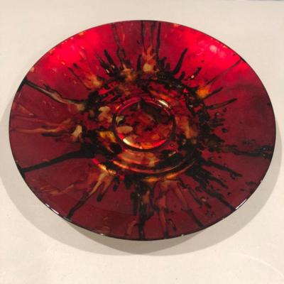 Oversized Italian Art Glass Bowl – Red, Black & Gold Abstract