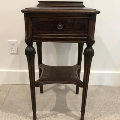 Antique Wood Telephone Side Table – Drawer, Carved Legs, Lower Shelf