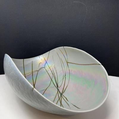 Attributed Murano Art Glass Bowl-Striated Grey, Iridescent Interior