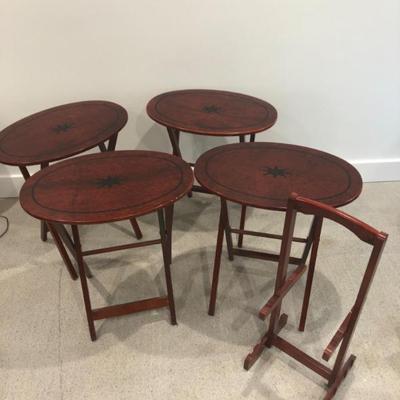Four Oval Wood TV Trays With Compass Inlay & Stand