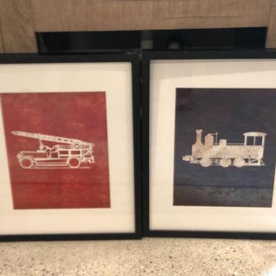 Pair Framed Vehicle Silhouette Prints – Firetruck & Train