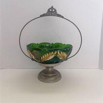 Cambridge Thistle Emerald Bowl W/R.M. Co. Bridal Basket .jpg