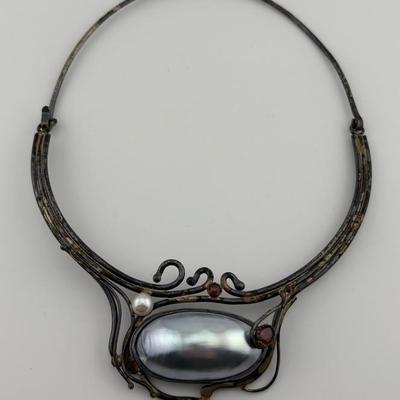 Arik Iden Sterling Silver Pearl & Garnet Brutalist Necklace