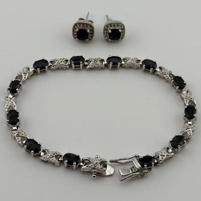Sterling Silver Blue Sapphire Earring & Bracelet Set