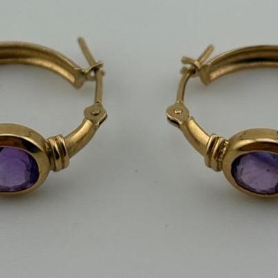 Pair of 14k Yellow Gold Round Amethyst Hoop Earrings