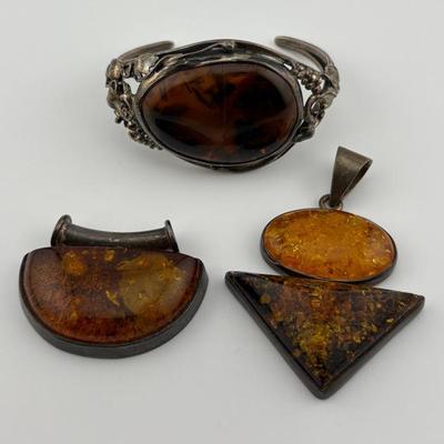 Silver Amber Cuff Bracelet & Pendants
