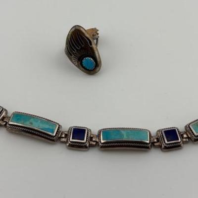 Sterling Silver Turquoise & Lapis Lazuli Ring & Bracelet