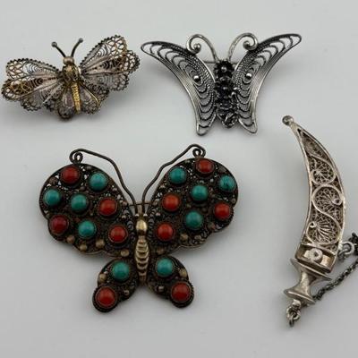 Assortment of Vintage & Antique Silver Brooches: Butterflies & More