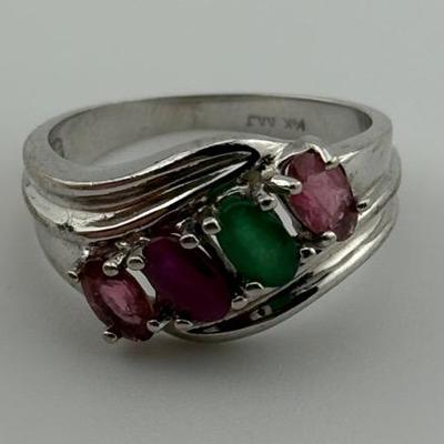 14k White Gold Emerald & Ruby Ring