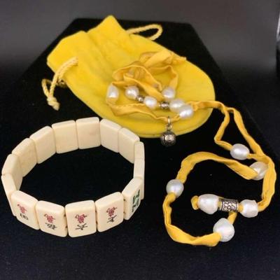 Sh718v vintage mahjong tile stretch bracelet and silver bead necklace