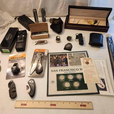 20pc Men's Collectibles, Tools, Coins, Starter Pistol, Pocket Knives