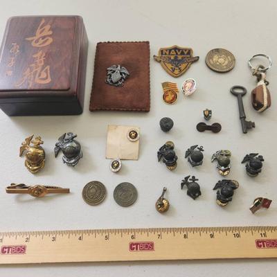 26pc 40s-60s Military Collectibles - 10k Gold Pin, Sterling Pin, Japanese Box