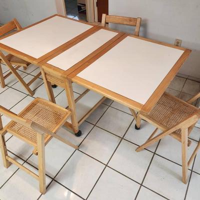 Vintage Drop Leaf Wood Dining Table & 4 Rattan Seat Chairs - 62x34x30"