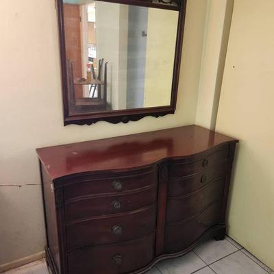 Antique Lammert's Mahogany Veneer Low Dresser w/ Mirror - 52x21x35"