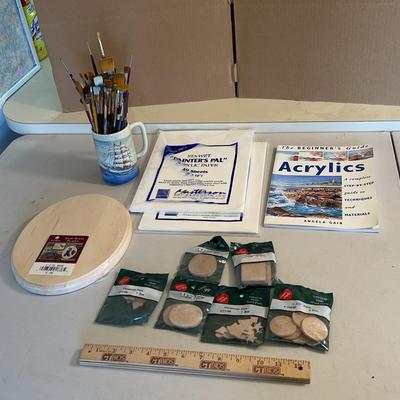 Acrylic Craft Lot - Brushes, Acrylic Paper, Solid Wood Plaques, & Beginners Guide
