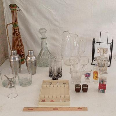 Vintage Barware Lot - Decanter, Pitcher, Reed Bottle, Shakers, Glasses+++