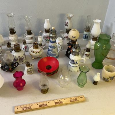 Misc Oil Lamp Lot - Japanese Blue, Porcelain, & Misc Chimneys 